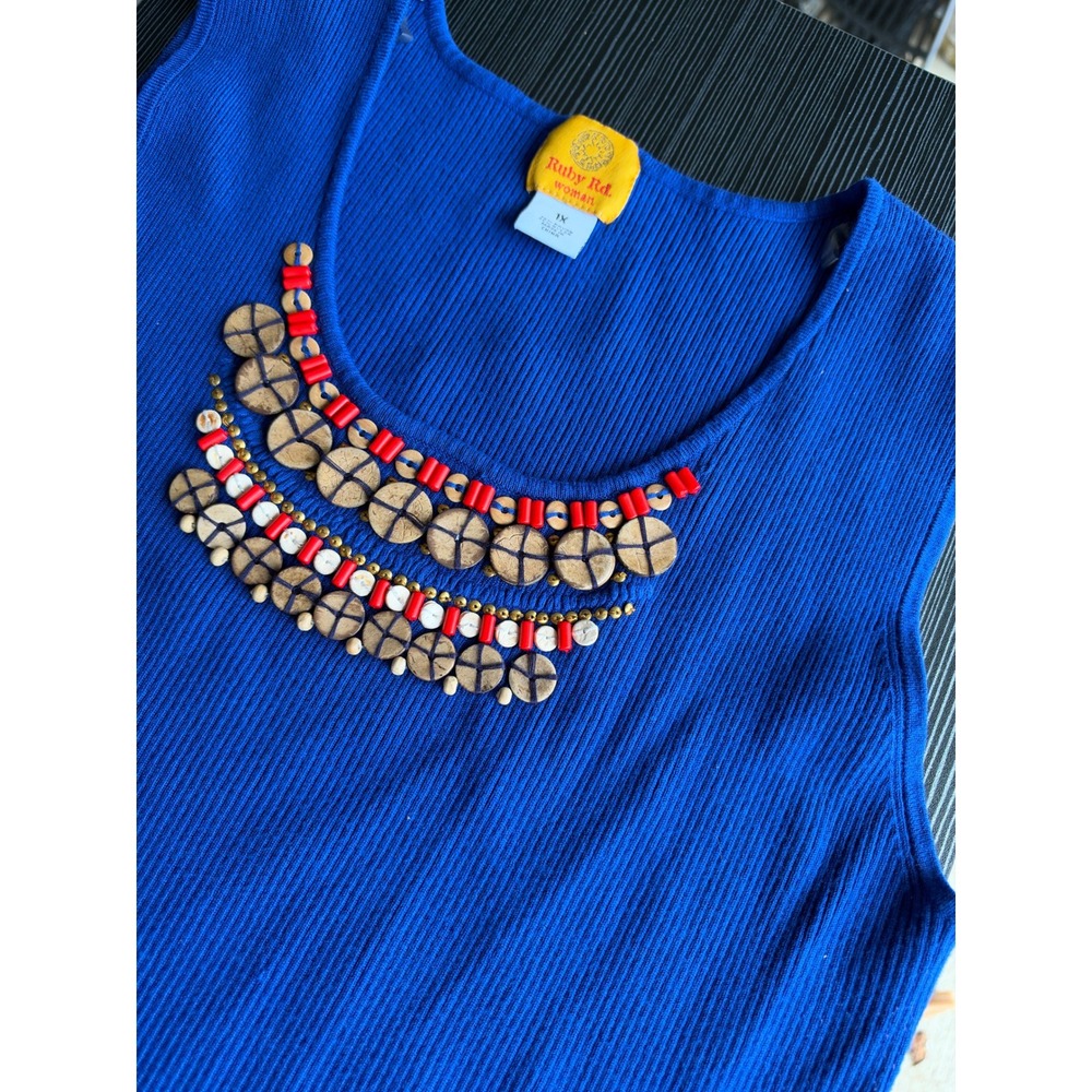 Ruby Rd Woman Royal Blue Ribbed Sleeveless Top Beaded Neckline 1X